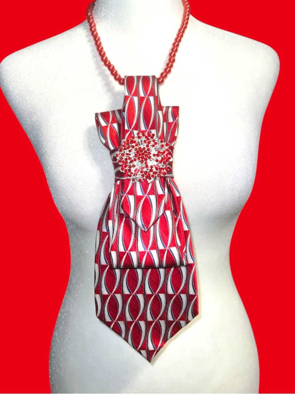 Bold handmade Geometric Red Statement Necktie necklace with Crystal Brooch